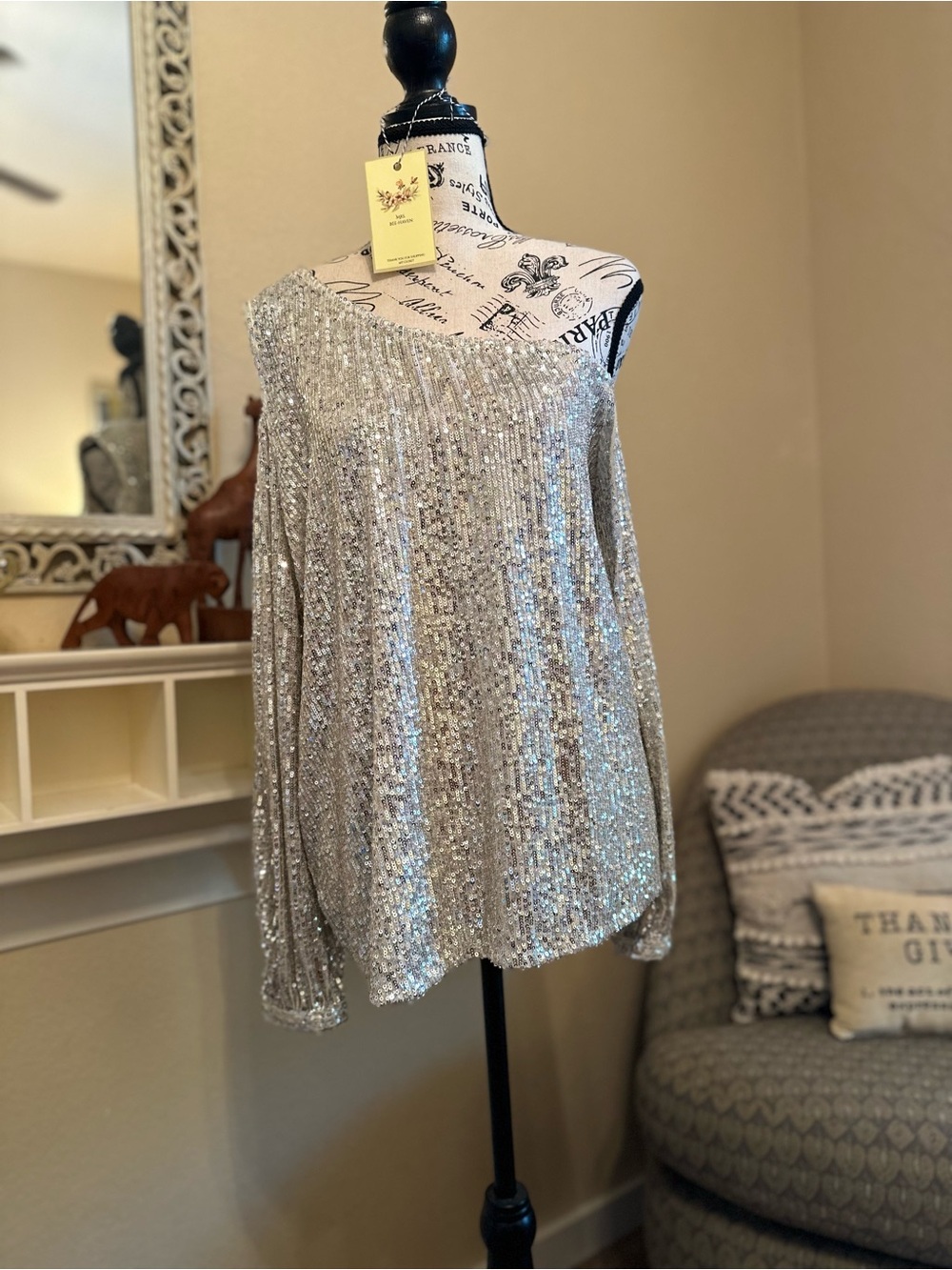 CeCe Sequined One-Shoulder Top - champagne